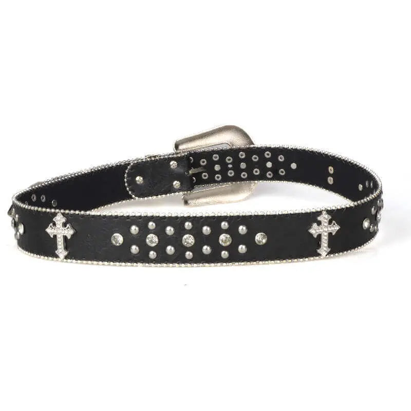 GothGlow Kristal Çapraz Deri Kemer - Siyah Beltlux