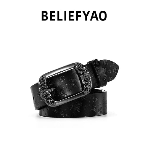 BELIEFYAO Orijinal Retro Kelebek Desenli Deri Kemer Beltlux