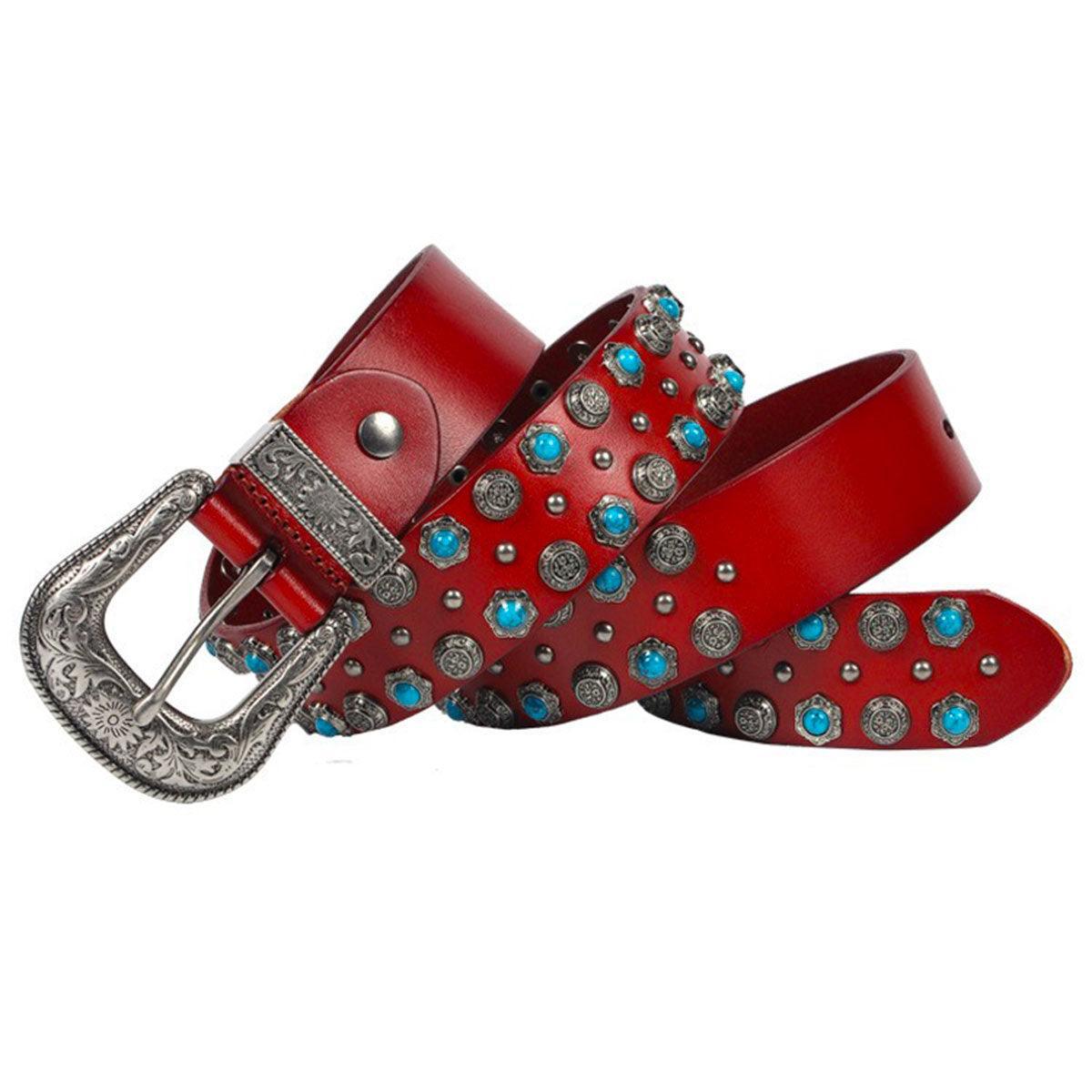 Freda Modeli Şık Western Kemer, Perçinli ve Turkuaz Taşlı