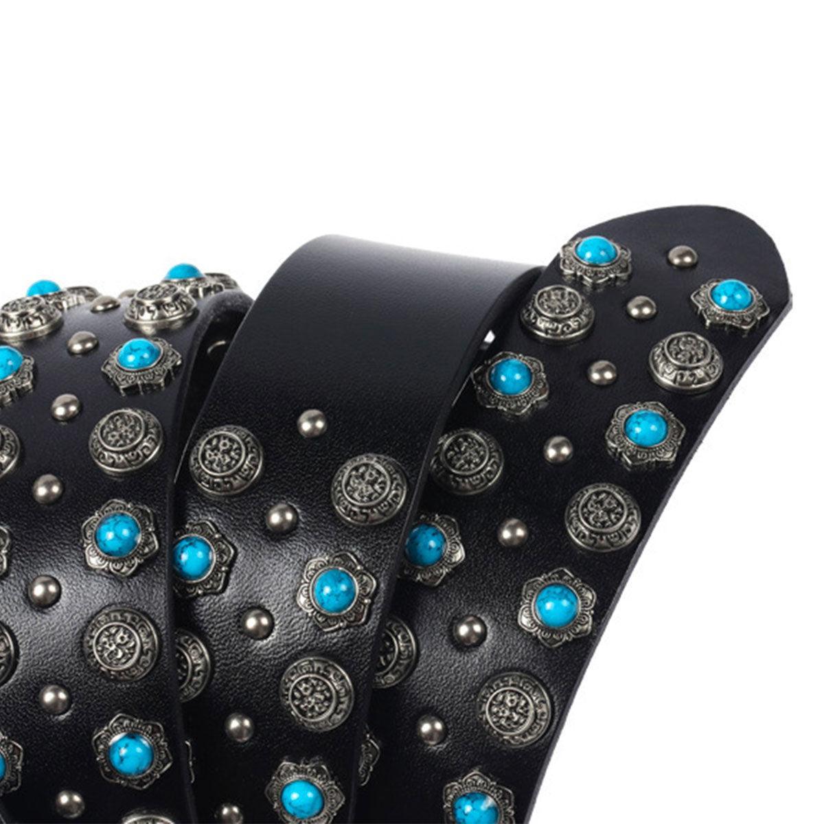 Freda Modeli Şık Western Kemer, Perçinli ve Turkuaz Taşlı