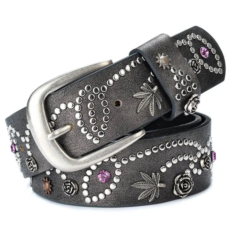 Kadın Deri Kemer - Perçinli, Rhinestone Taşlı - Jeans ve Pantolon İçin Beltlux